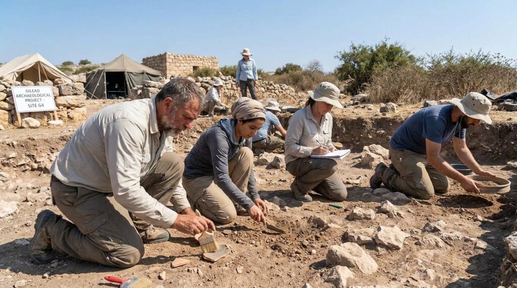 Diverse team of archaeologists excavating ancient site in Gilead.