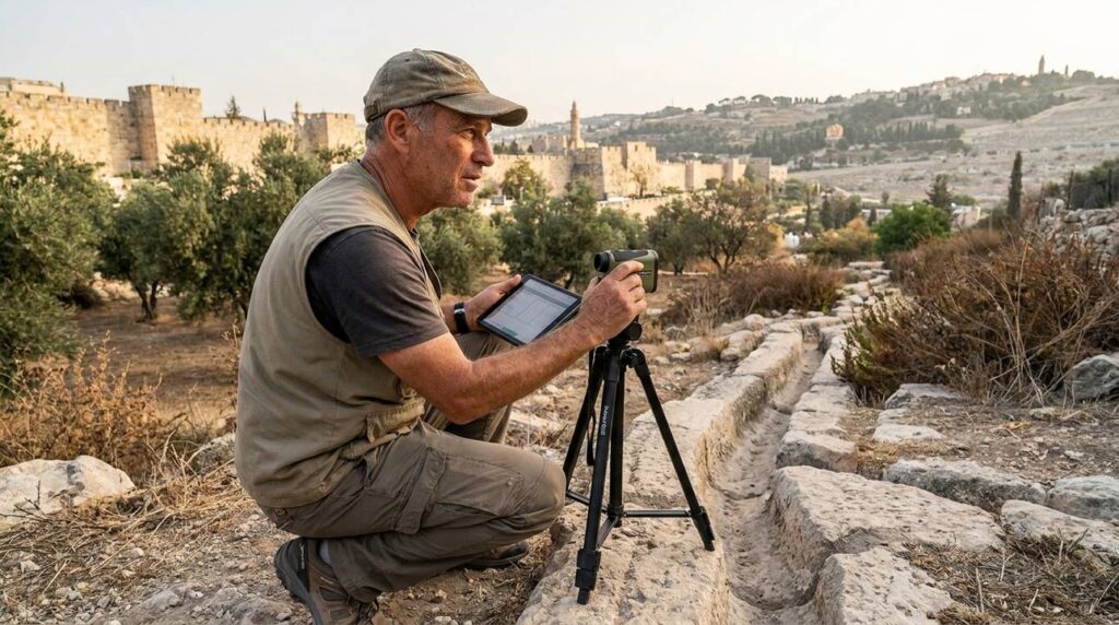 Israeli archaeologist examining ancient water channels in Kidron Valley.
