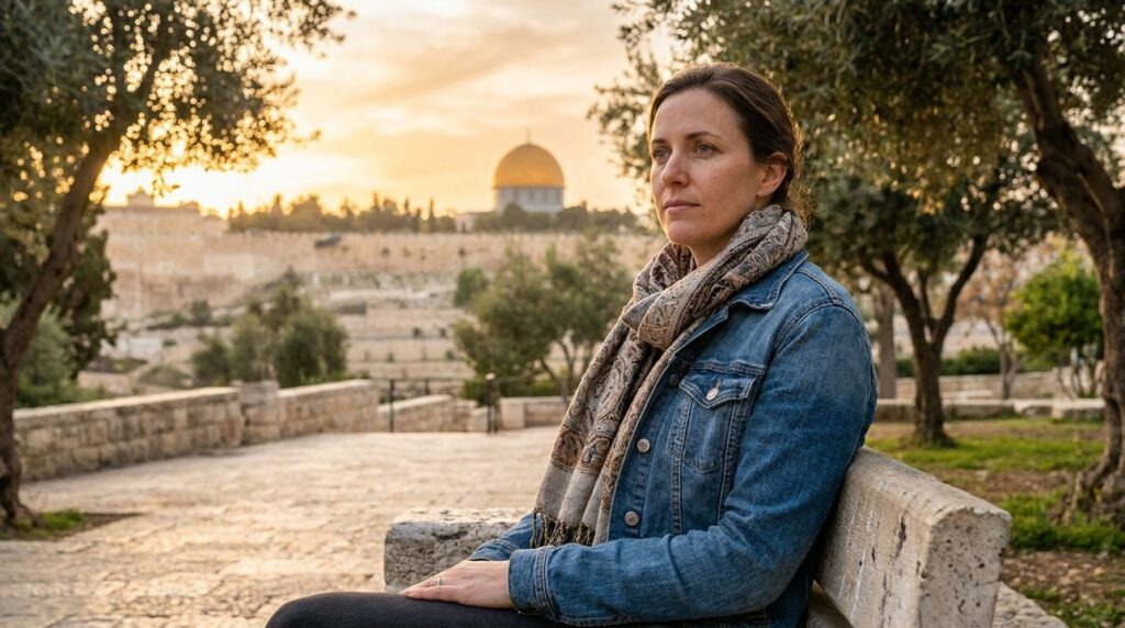 Israeli woman sitting on a park bench at sunset, contemplating.
