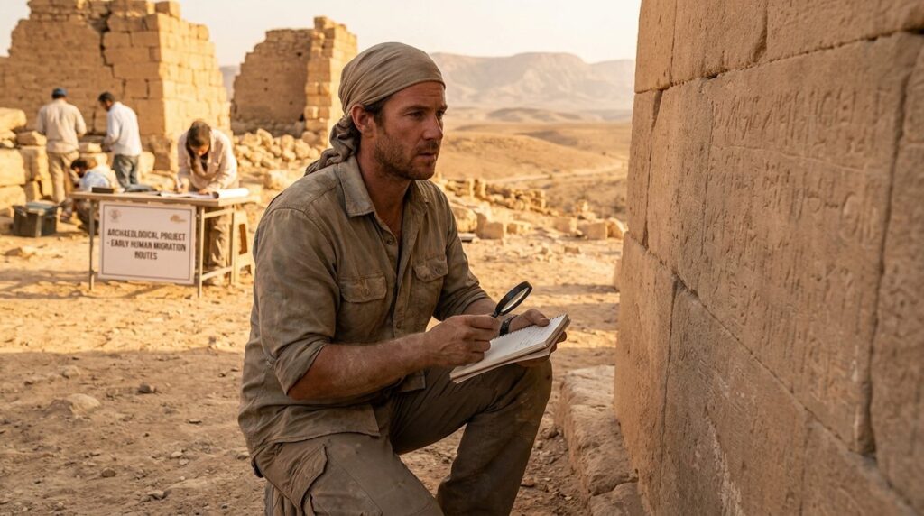Archaeologist examines ancient inscriptions on stone in Middle Eastern desert.