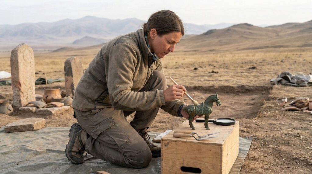 Archaeologist examining Cimmerian artifacts in a rugged field with tools.
