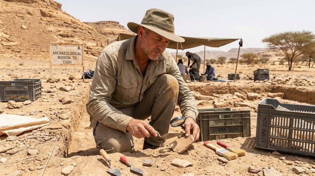 Archaeologist examining artifacts at a Sudanese dig site under sunlight.