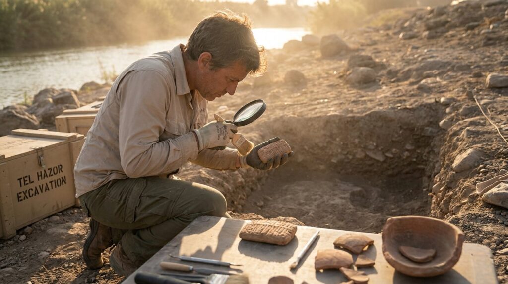 Archaeologist examines cuneiform tablets by river in Israel at sunset.