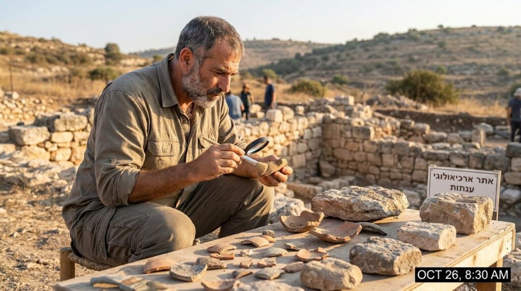 Israeli historian examines artifacts at Anatot archaeological site in morning light.