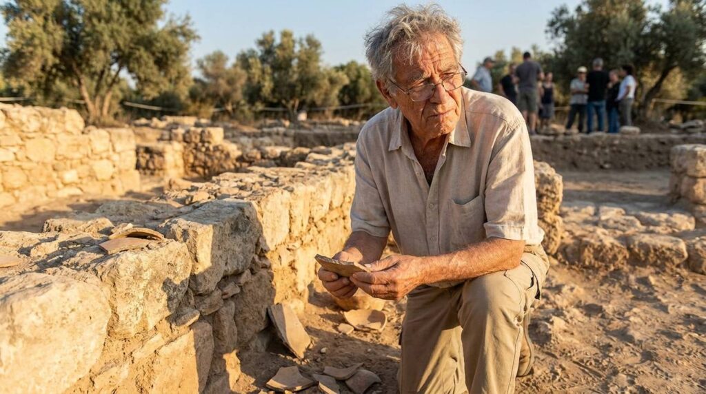 Elderly Israeli man examines artifacts at Tel Qasile archaeological site.