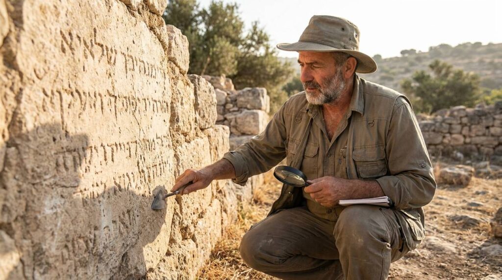 Israeli archaeologist examines ancient inscriptions on stone walls in Gilead.
