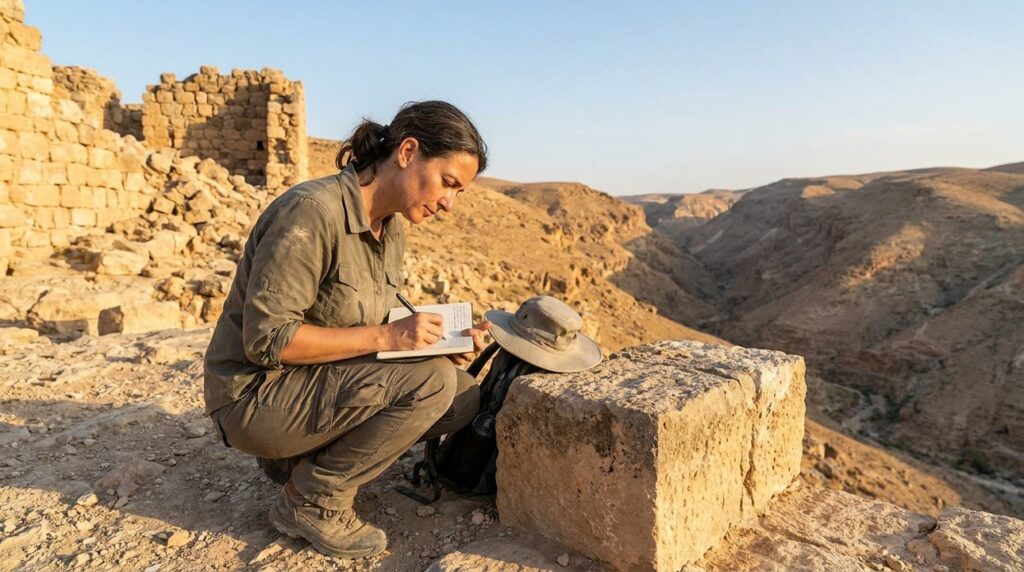 Israeli historian in hiking attire examines ruins at Mount Seir.