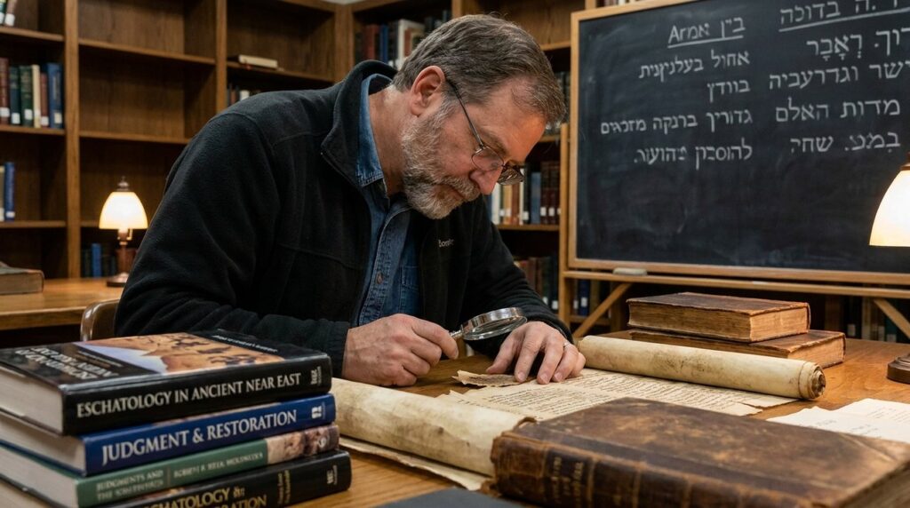 Middle-aged Israeli historian examines ancient scrolls in dim library.