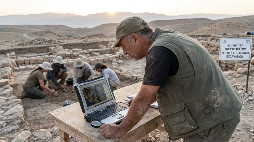 Israeli archaeologist examines satellite imagery on laptop at dig site.