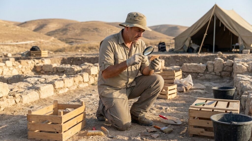 Archeologist examining artifacts at an excavation site in Israel.