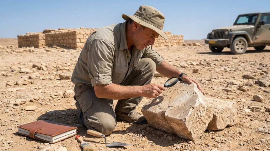 Israeli archaeologist examines ancient inscription in Negev Desert with tools.