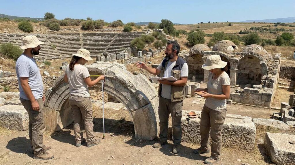 Archaeologists examining Roman ruins in Bithynia with tools and notebooks.
