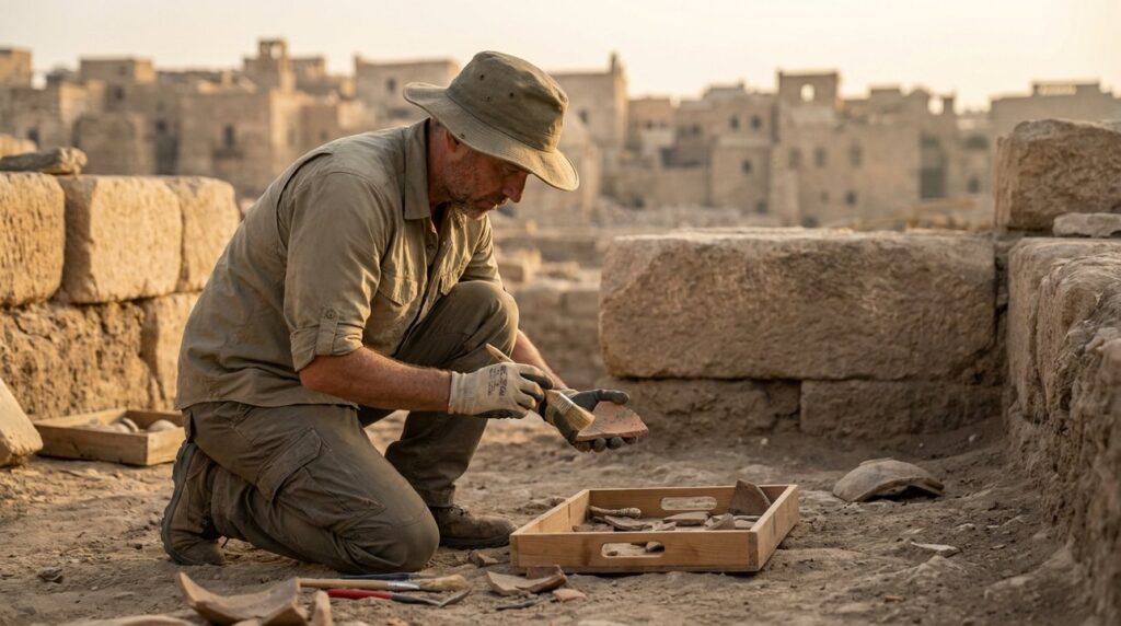 Archaeologist examining artifacts at excavation site near ancient Israeli city.