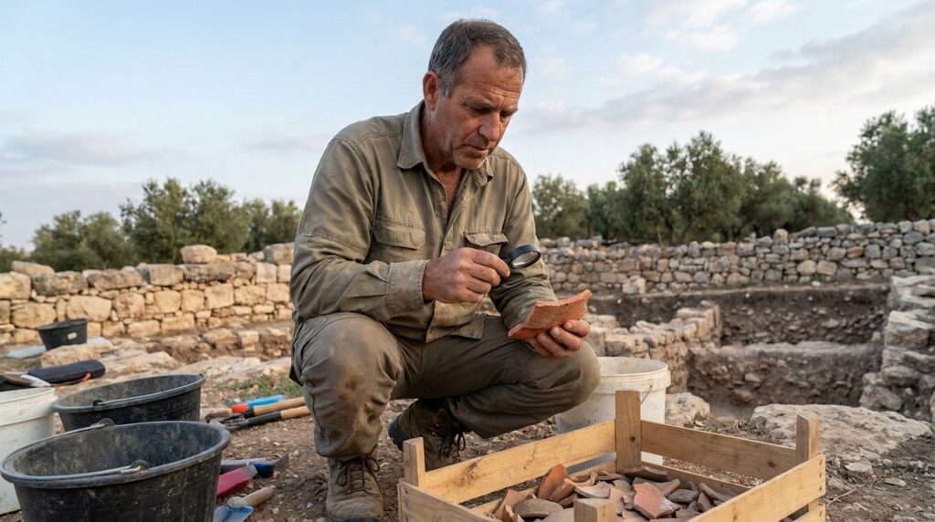 Israeli archaeologist examines pottery shards at Ramat Rahel dig site.
