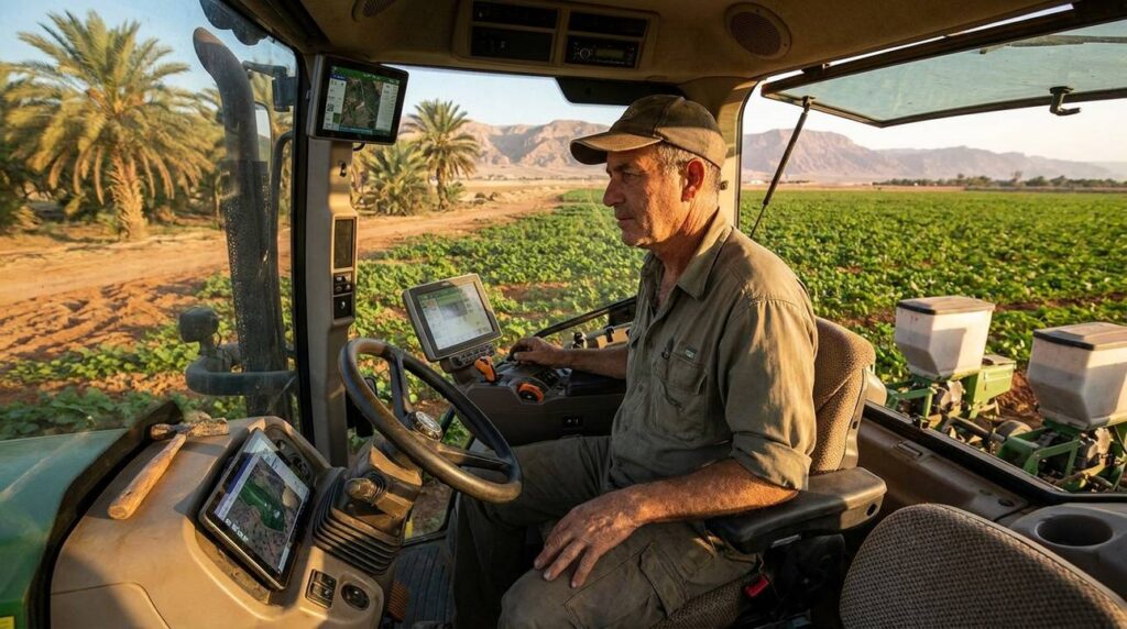 Middle-aged Israeli farmer operating machinery in lush Yotvatah fields.