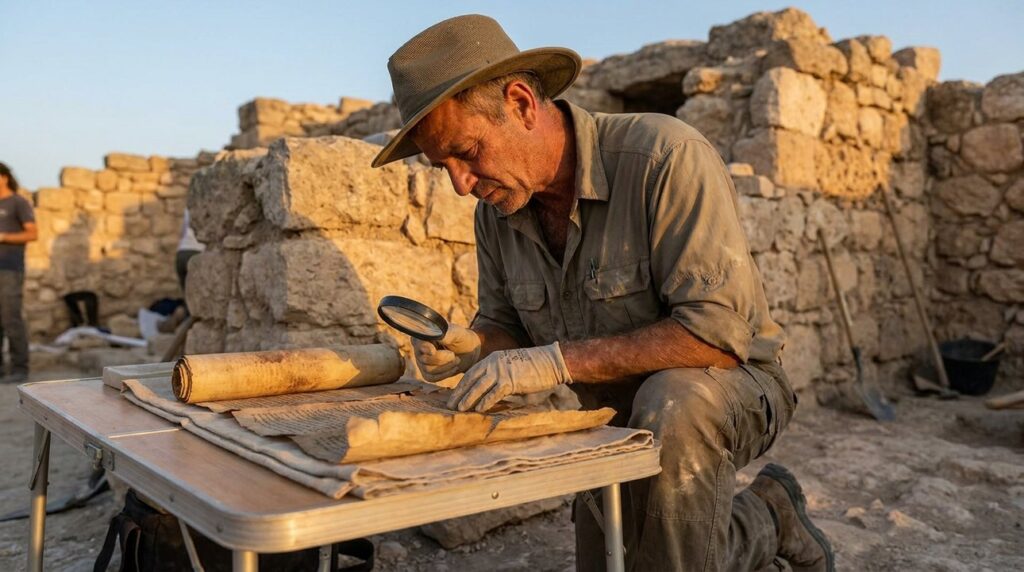 Middle-aged Israeli archeologist examining ancient scrolls at historical site.
