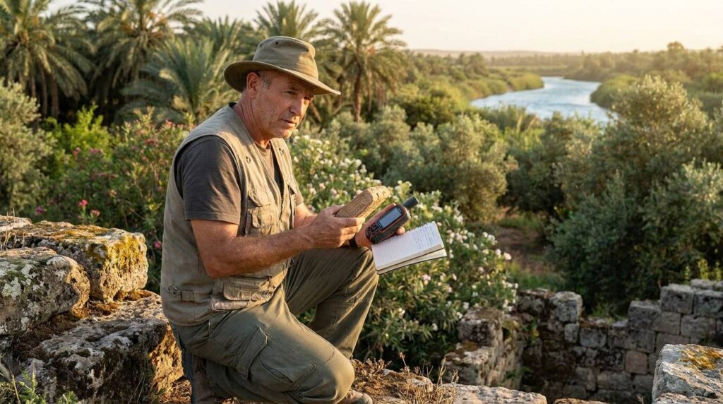 Israeli archaeologist examines ancient ruins in lush landscape near river.