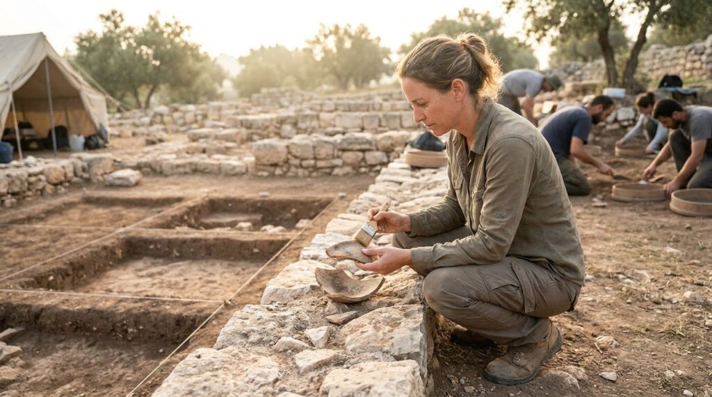 Israeli archeologist examines ancient pottery at Mamre excavation site.