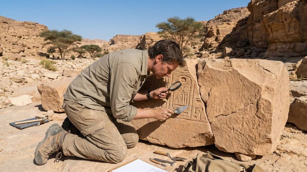 Archaeologist examining ancient inscriptions on stones in Egyptian desert.