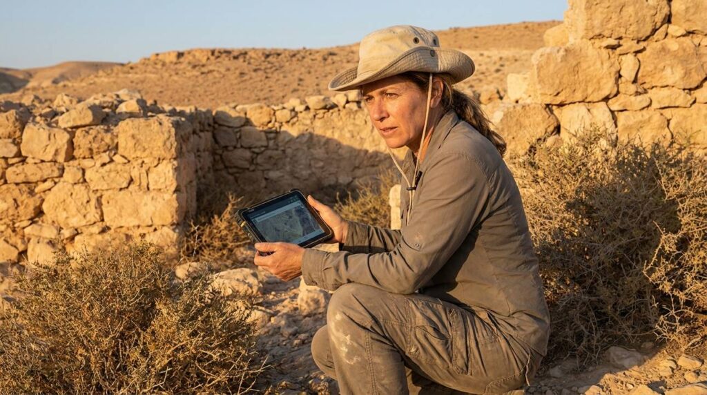 Israeli archaeologist using GIS device at Negev ruins during sunset.