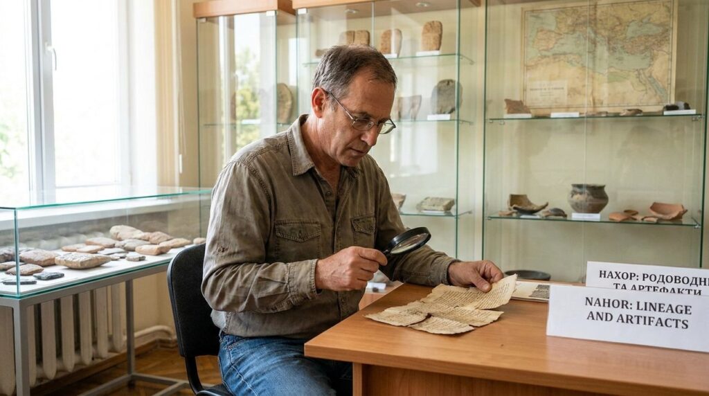 Israeli historian examines Nahor-related scrolls in a museum.