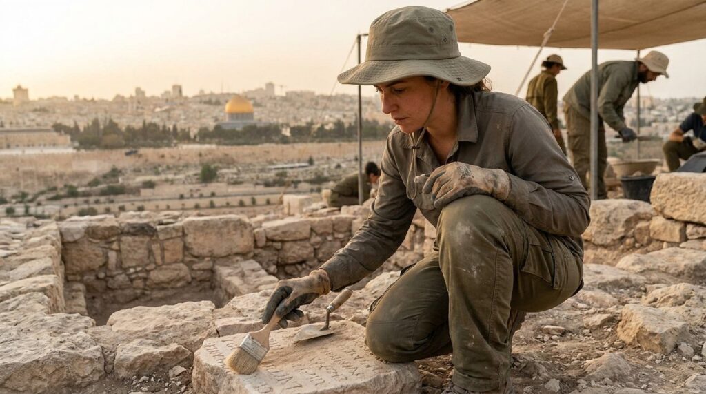 Israeli archaeologist examines ancient ruins in Jerusalem, Temple Mount background.