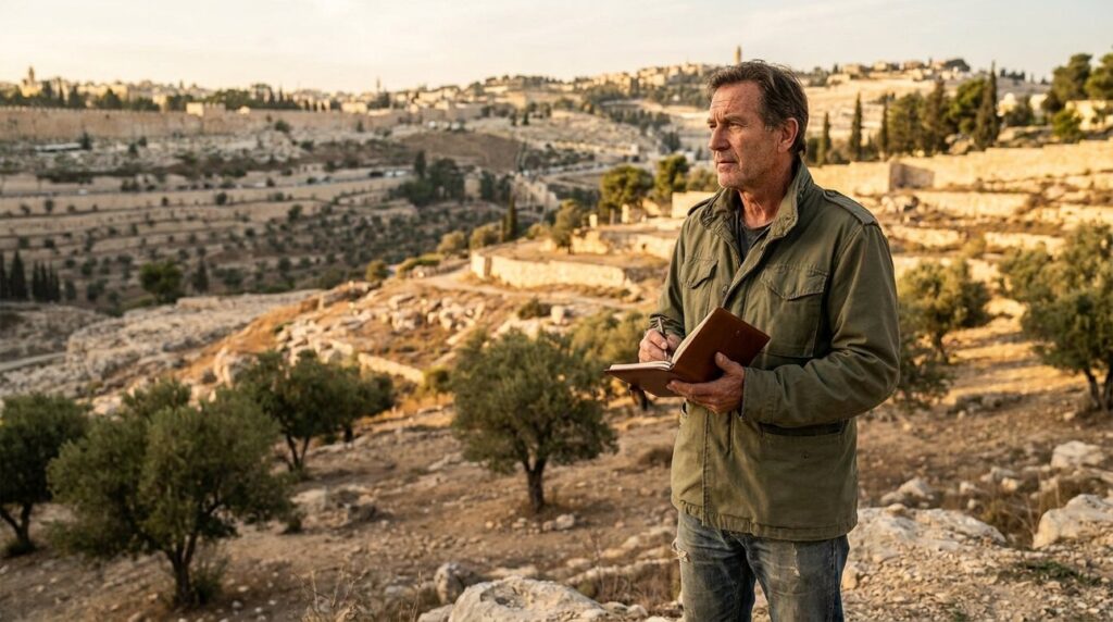 Middle-aged Israeli historian with notepad standing in Hinnom Valley.