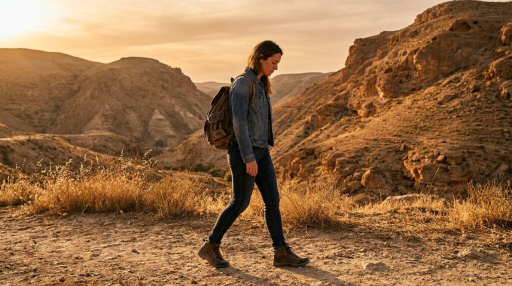 Israeli woman walking alone through Valley of Achor at sunset.