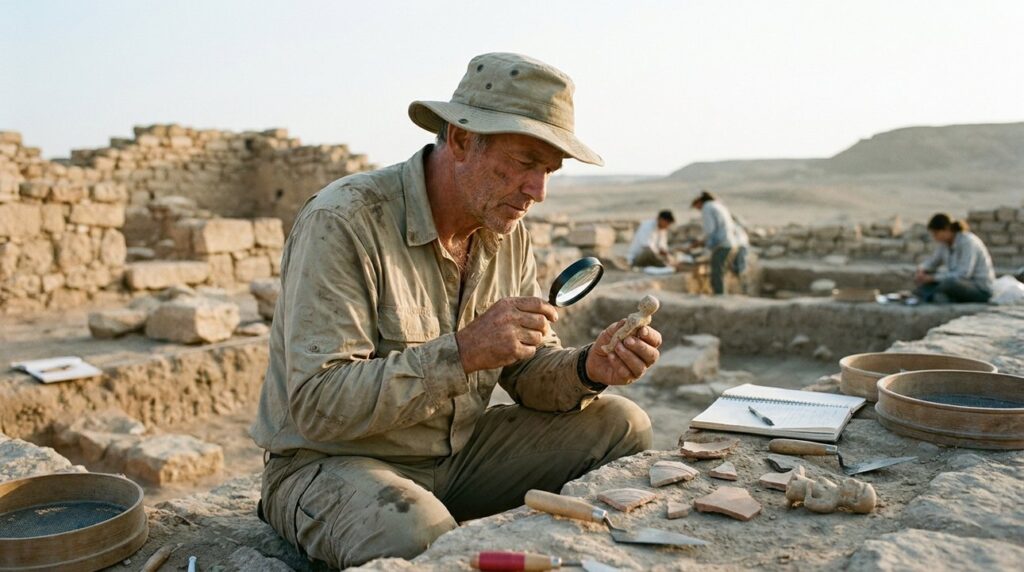 Middle-aged male archaeologist examining artifacts at desert dig site.