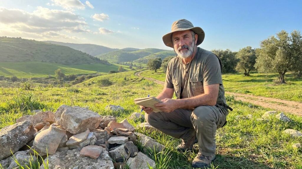 Israeli historian examines artifacts in Elah Valley with notebook.