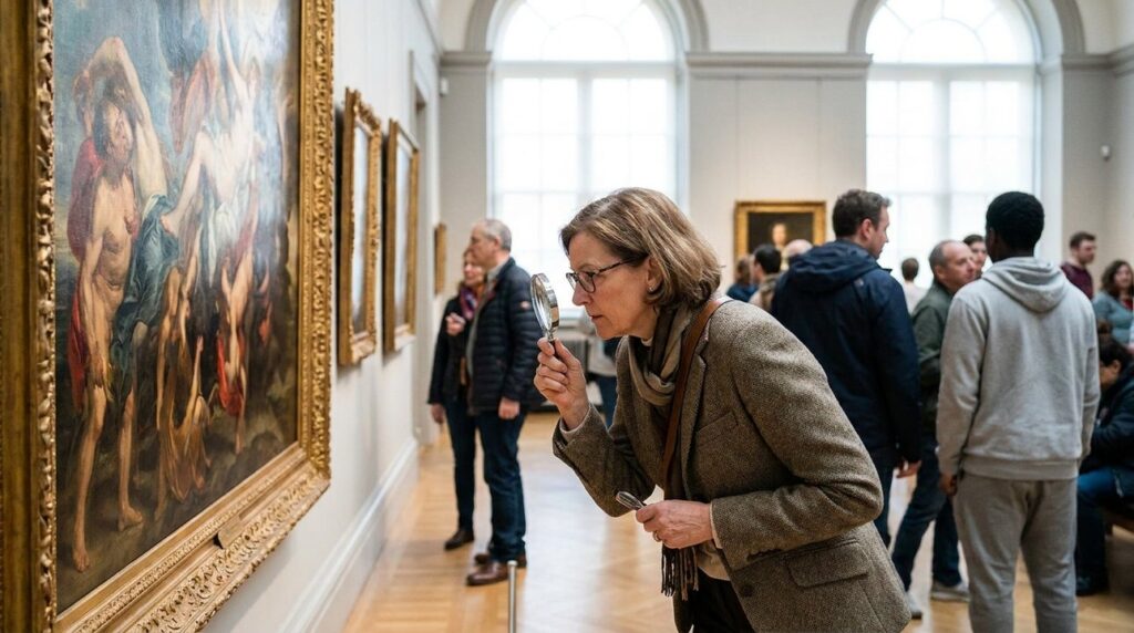 Art historian examining Rubens painting in a busy, well-lit gallery.
