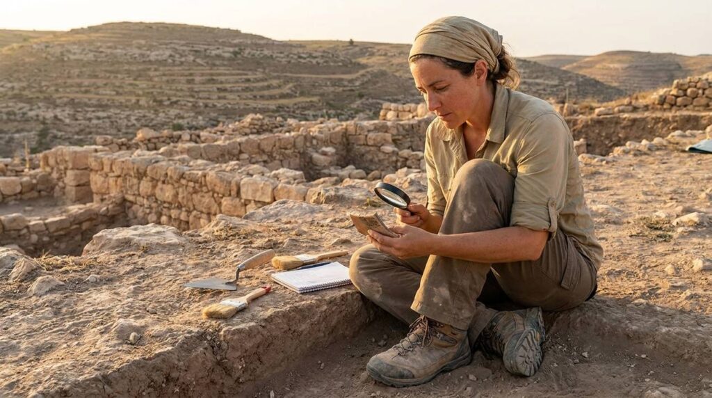 Israeli archaeologist examines pottery shards at Ramathaim-Zophim site.