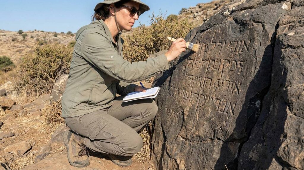 Israeli researcher examines ancient inscriptions on Mount Mizar.