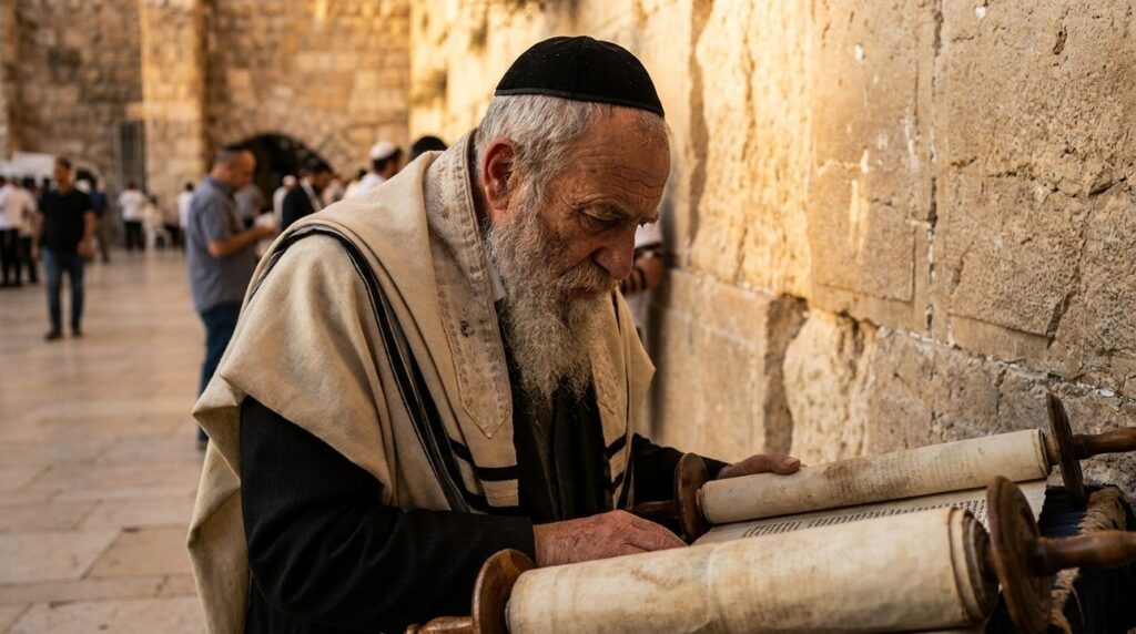 Elderly Jewish man in tallit reading Torah at Jerusalem wall.