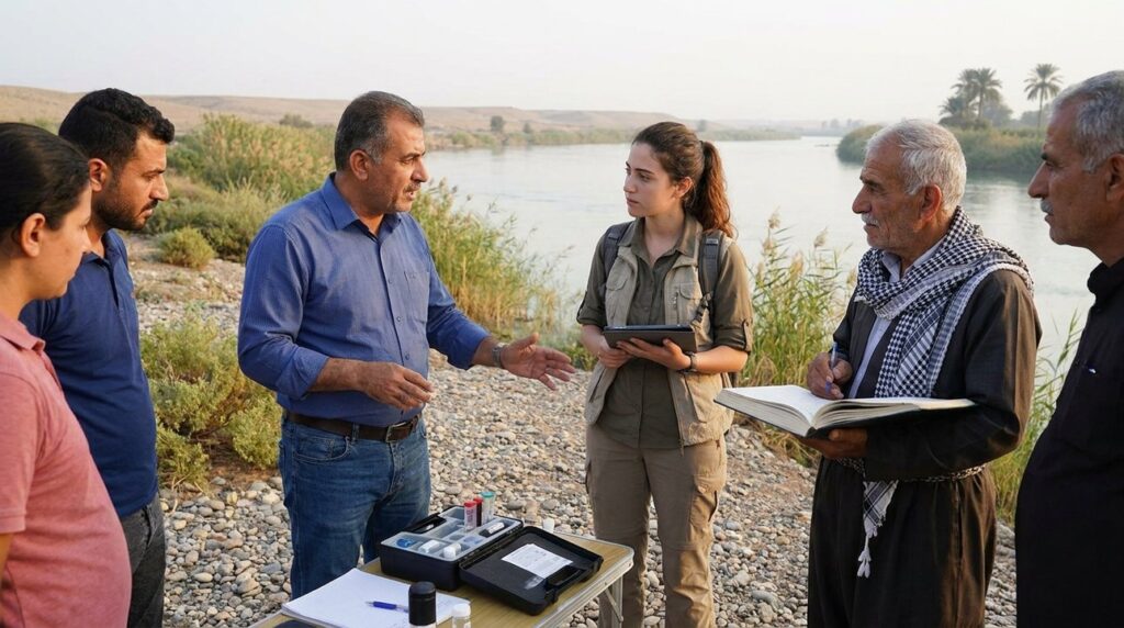 Diverse group discussing water pollution by the Tigris River.