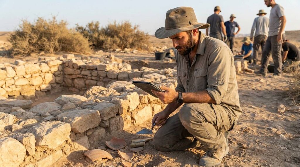 Israeli archaeologist examining ancient ruins in the Negev desert.
