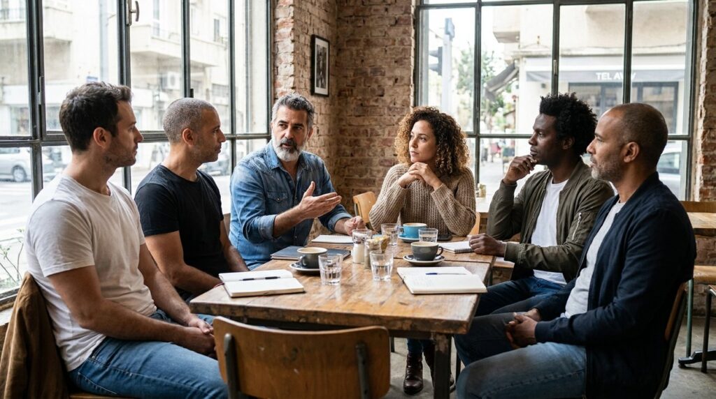 Diverse Israeli adults discussing in a café, bathed in natural light.