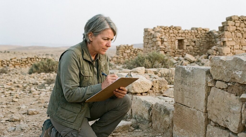 Israeli historian examining ancient ruins, taking notes in morning light.