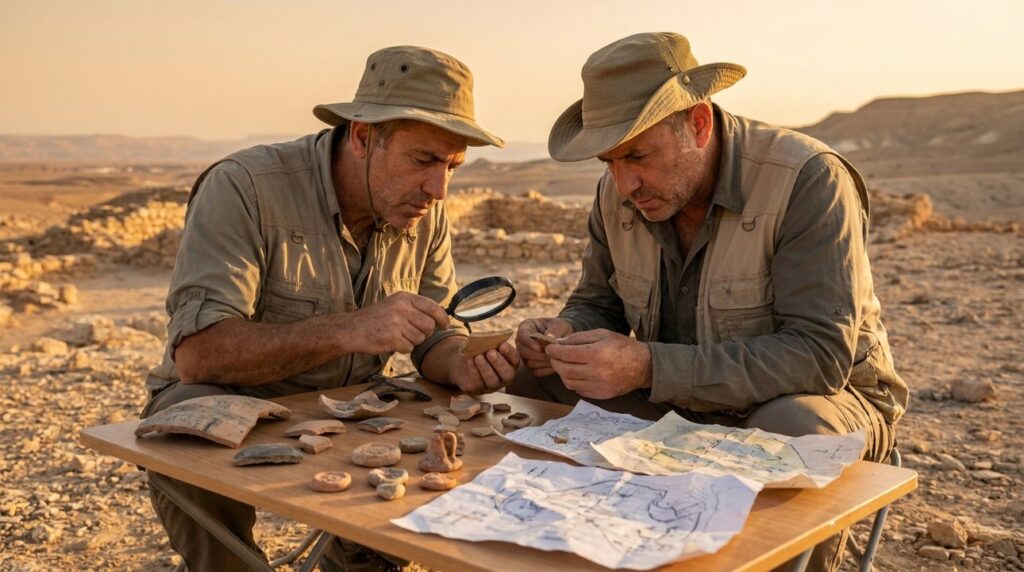 Israeli archaeologist examines artifacts and maps in Negev desert.