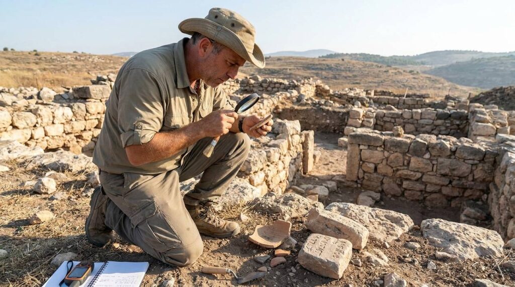 Israeli archaeologist examines ancient artifacts at Tishbe ruins.