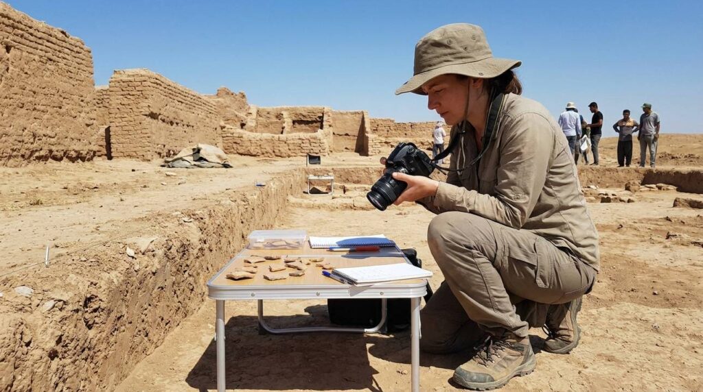 Israeli archaeologist documents artifacts at Tell Hariri under clear sky.