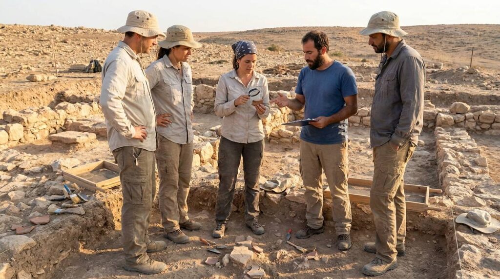 Archaeologists examining artifacts at Shittim in warm afternoon light.