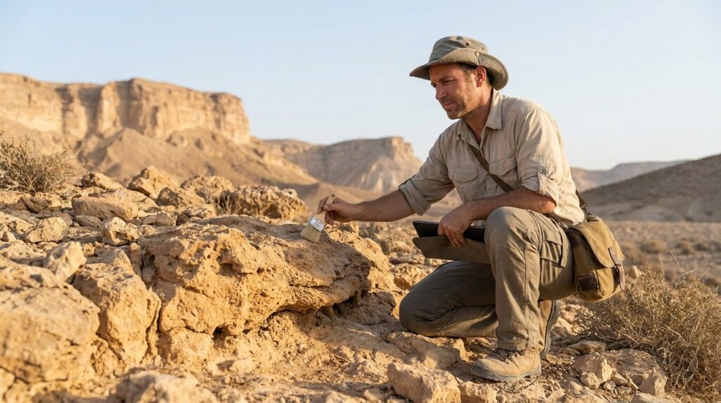 Israeli archaeologist examines ancient rocks in Negev Desert at dawn.