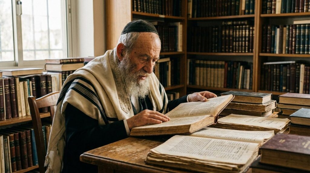 Elderly Jewish man reading Talmud in a sunlit, book-lined room.