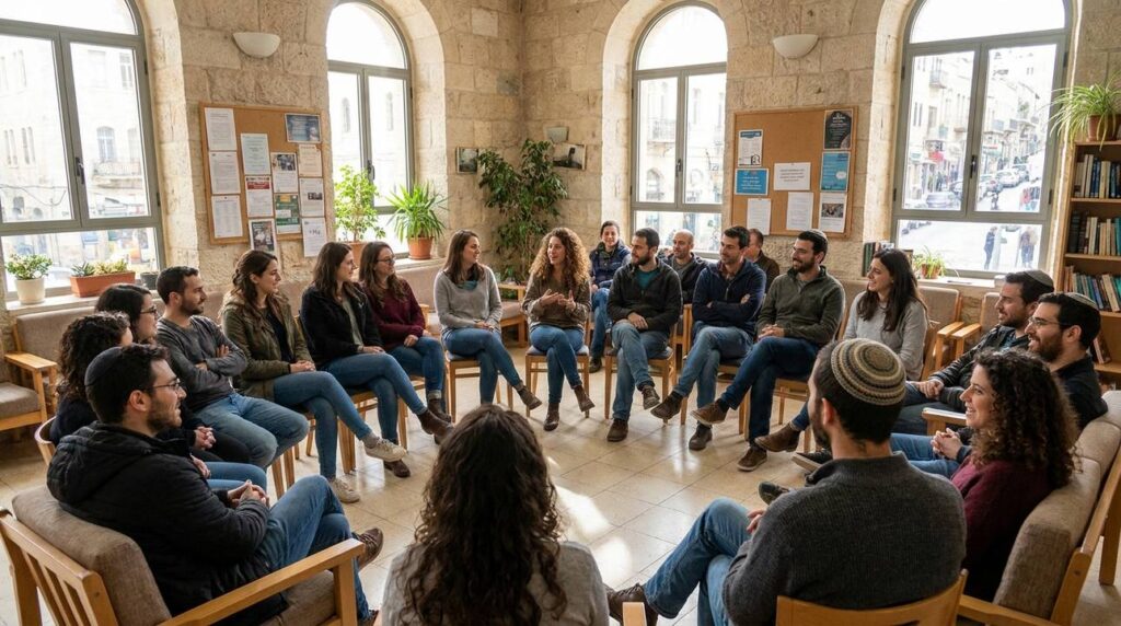 Diverse group of Israelis discussing in a sunlit Jerusalem community center.
