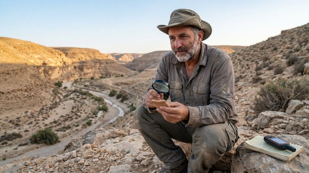 Israeli historian examines artifacts in Wadi Zered's desert landscape.