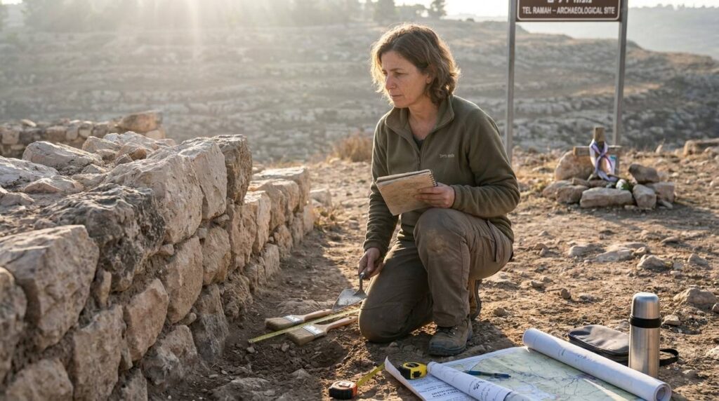 Israeli archaeologist examines stone ruins at Ramah with tools and maps.