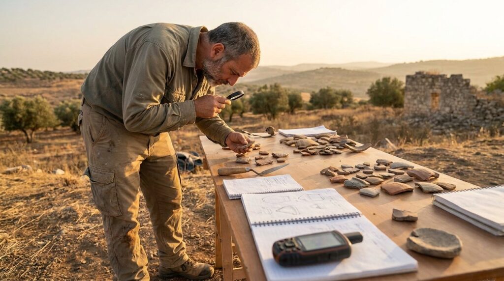 Israeli archaeologist examines pottery shards at Beit Nabala excavation site.