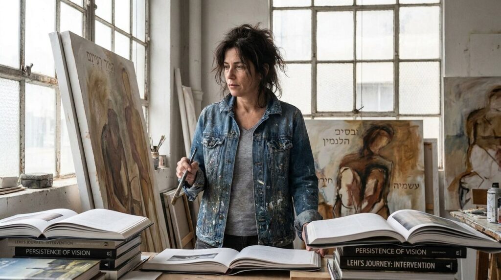 Israeli artist in her studio surrounded by themed paintings and books.