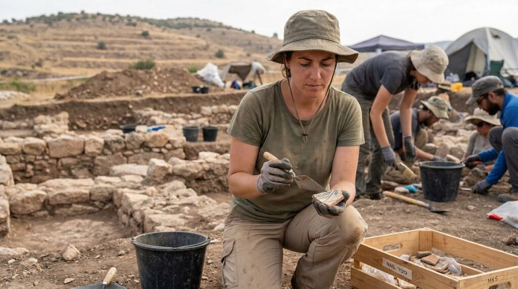 Archaeologist examines Roman pottery shards at an excavation site in Nain.